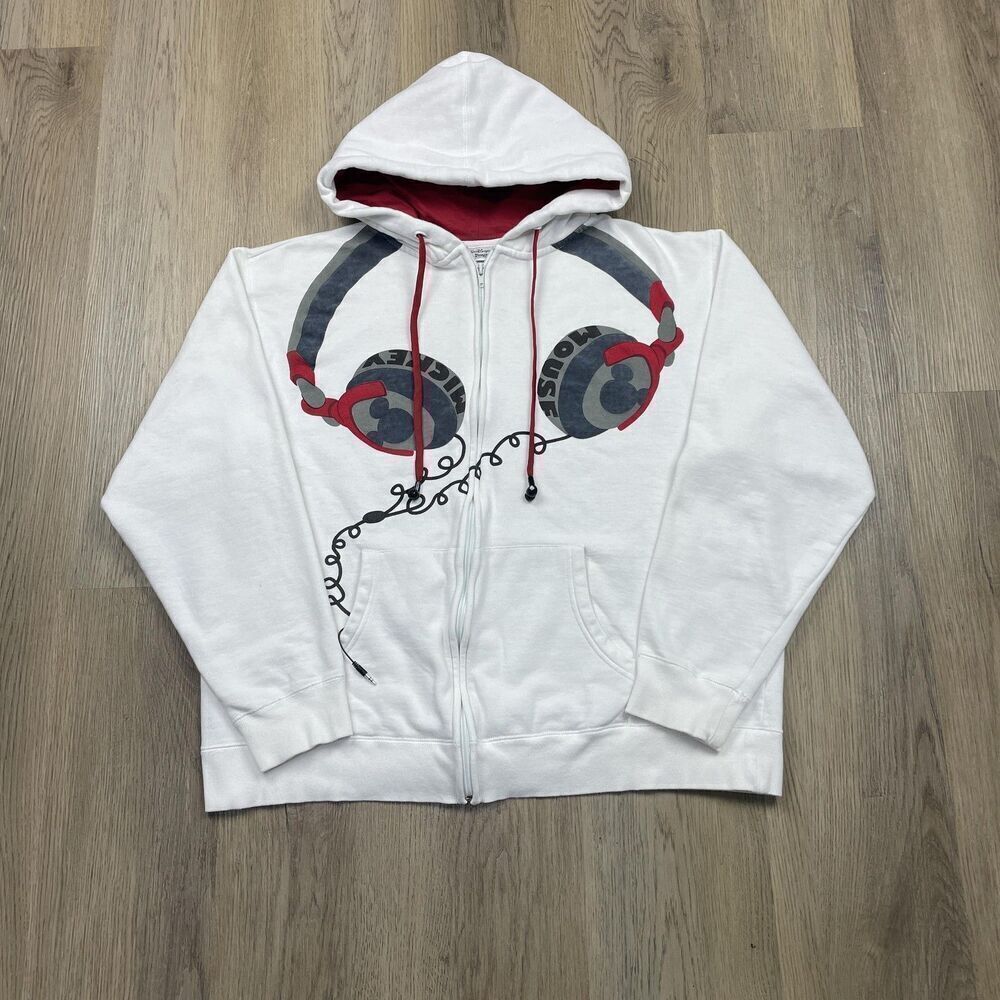 Disney Mickey Mouse Hoodie Mens Large White Zip Up Headphone Graphic Novelty